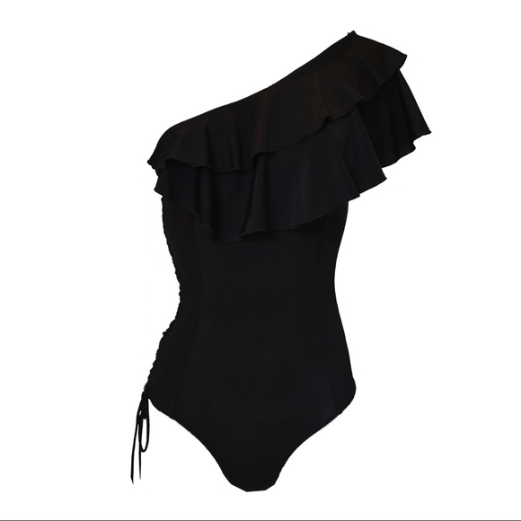 empress mimi Other - Empress Mimi black ruffle neckline 1 one shoulder lace up side swimsuit bodysuit